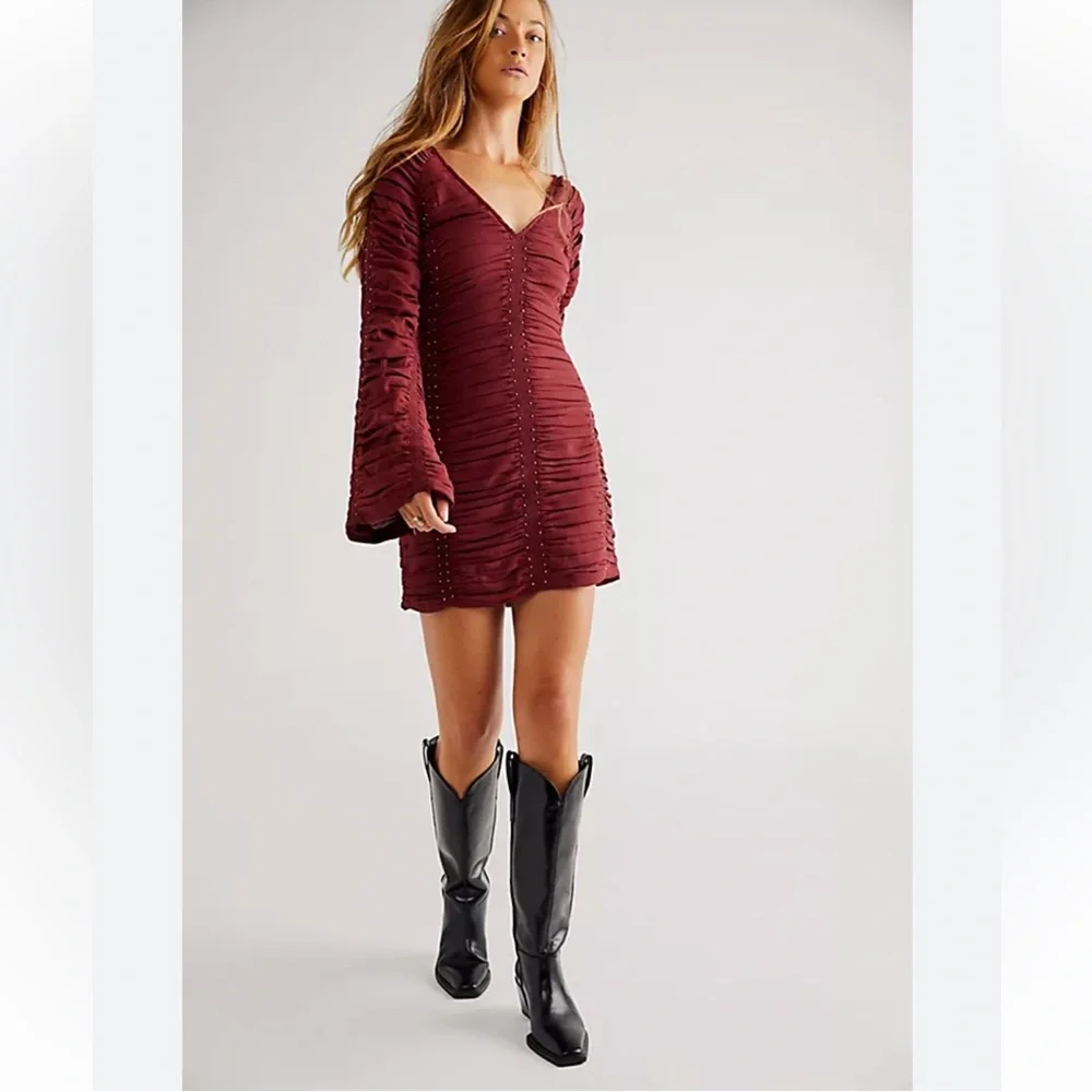 Free People Burgundy Ruched Mini Dress